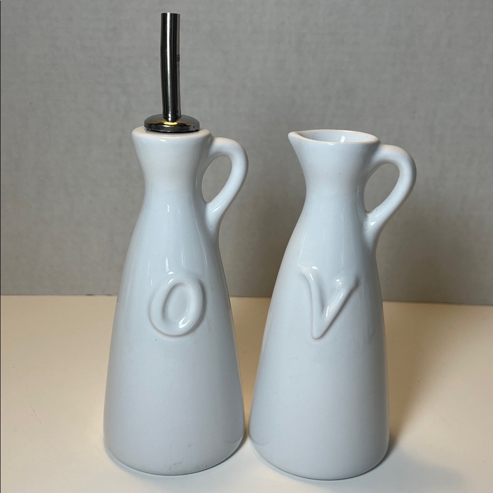 Crate & Barrel Oil and Vinegar White Pottery Cruet Set Made in Portugal